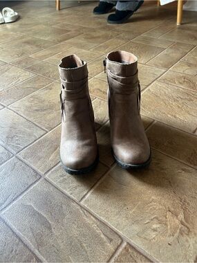B.O.C Taupe Suede Ankle Heeled Boots with Side Zip and Wrap Strap